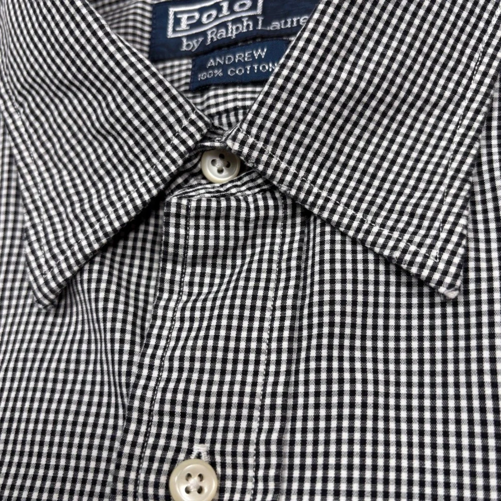 Polo Ralph Lauren Button Shirt Men L 16.5 32/33 Black White Gingham Check Preppy